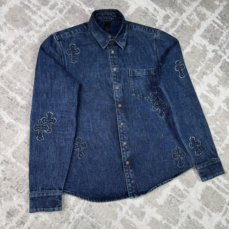 Chrome Hearts Cutout Cross Patch Denim Button Up Shirt 