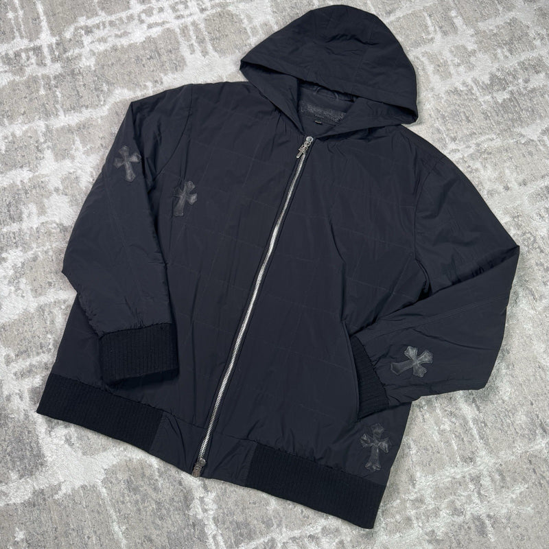 Chrome Hearts Leather Cross Patch Quilted Zip Up Hooded Bomber Jacket 