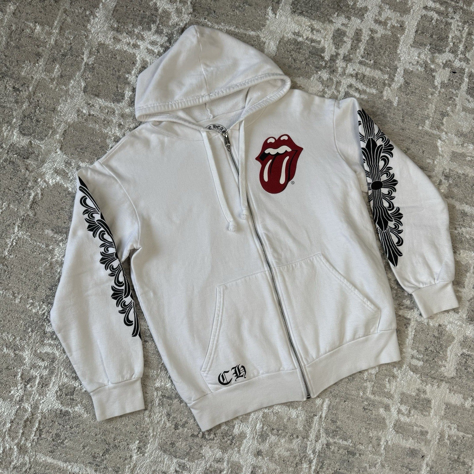 Chrome Hearts Rolling Stones Floral Horseshoe Zip Up Hoodie 