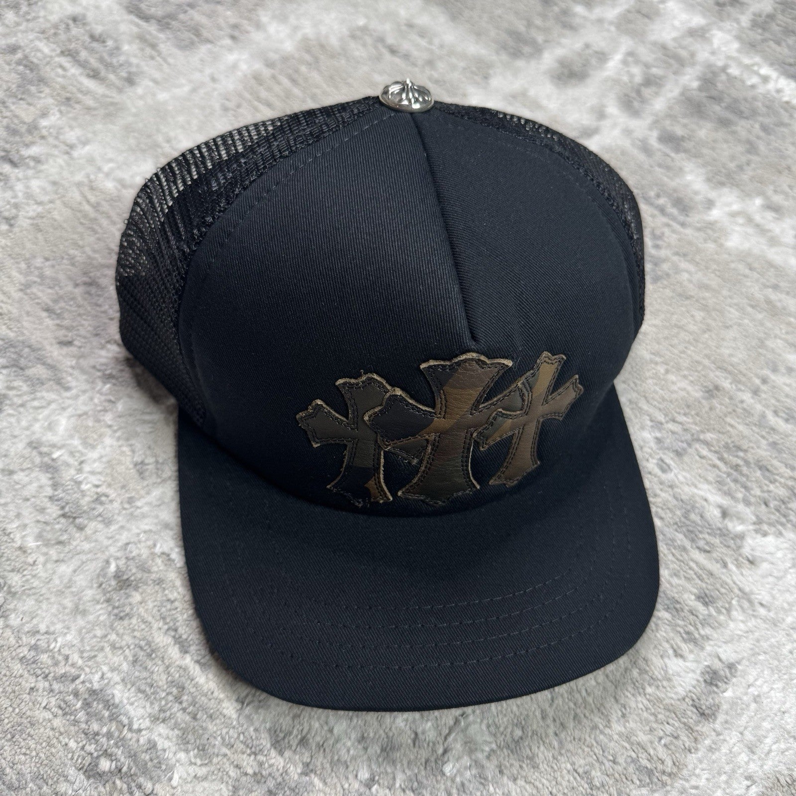 Chrome Hearts Camo Leather Triple Cross Trucker Hat
