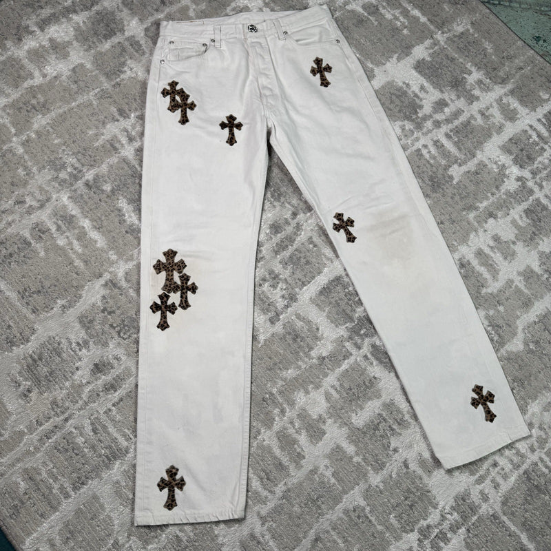 Chrome Hearts Levi 501 Cheetah Cross Patch Denim Jeans 