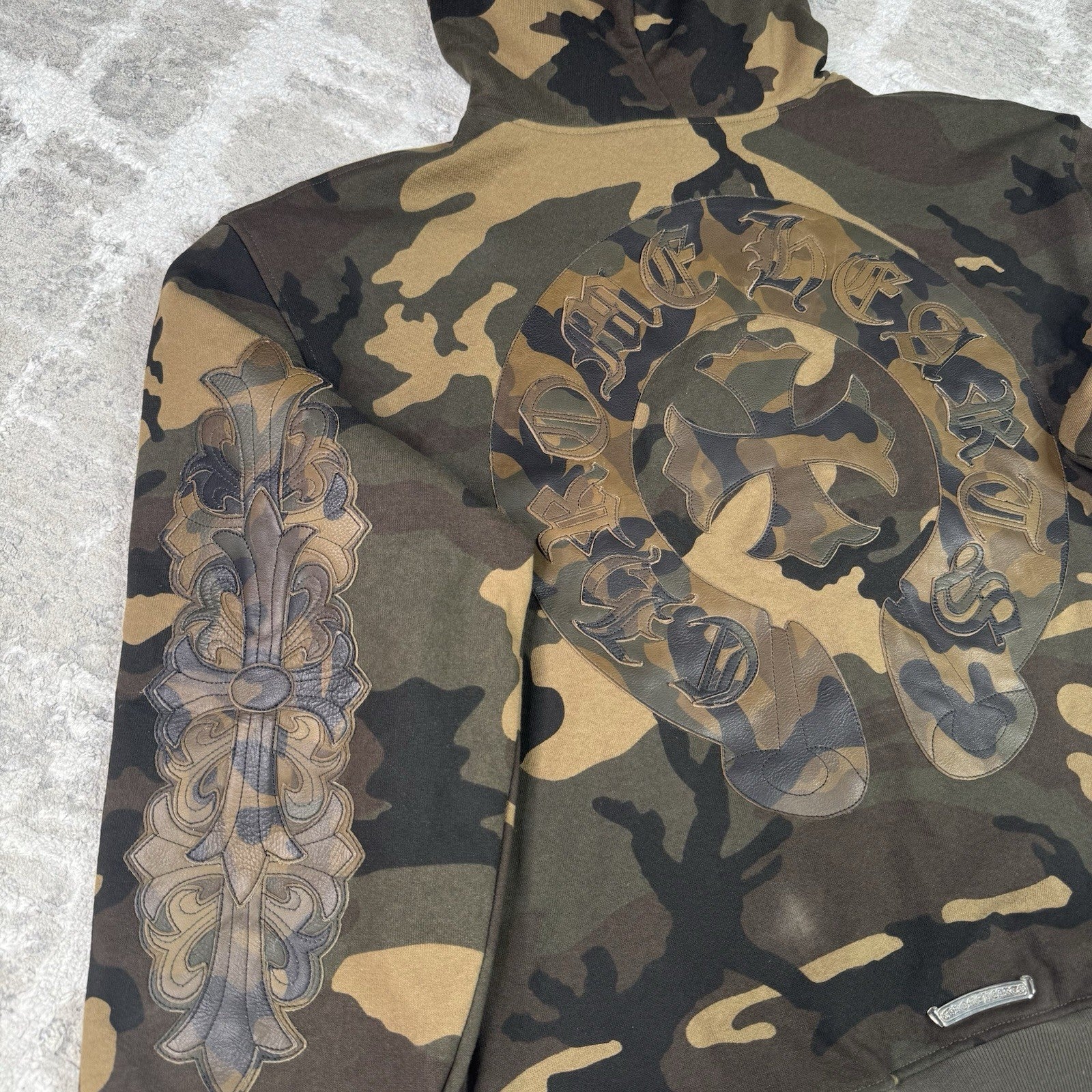 Chrome Hearts Leather Spellout Horseshoe Floral Sleeve Thermal Zip Up Hoodie 