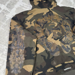 Chrome Hearts Leather Spellout Horseshoe Floral Sleeve Thermal Zip Up Hoodie 