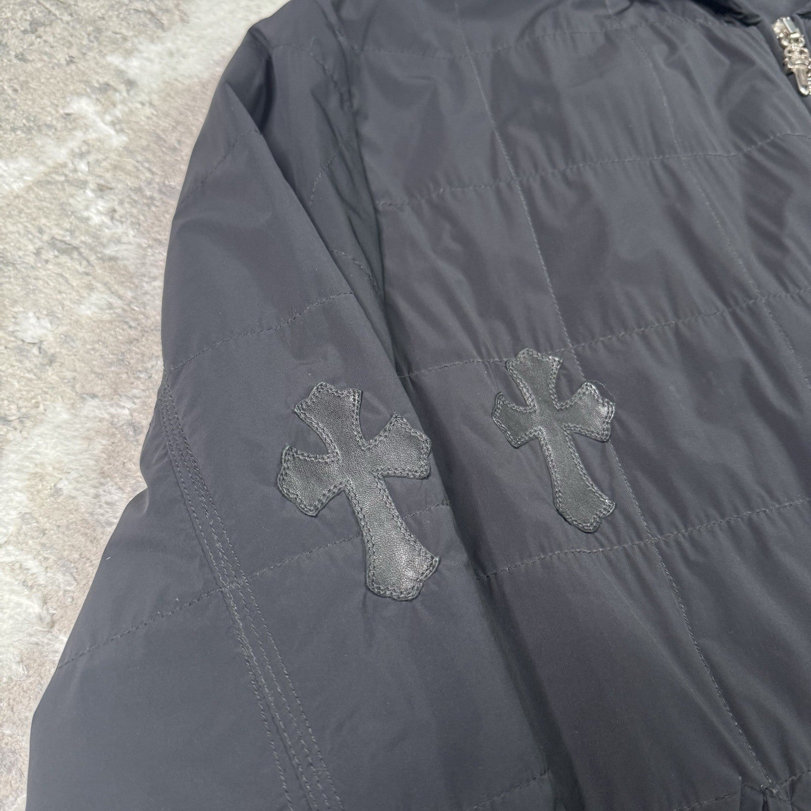 Chrome Hearts Leather Cross Patch Quilted Zip Up Hooded Bomber Jacket 