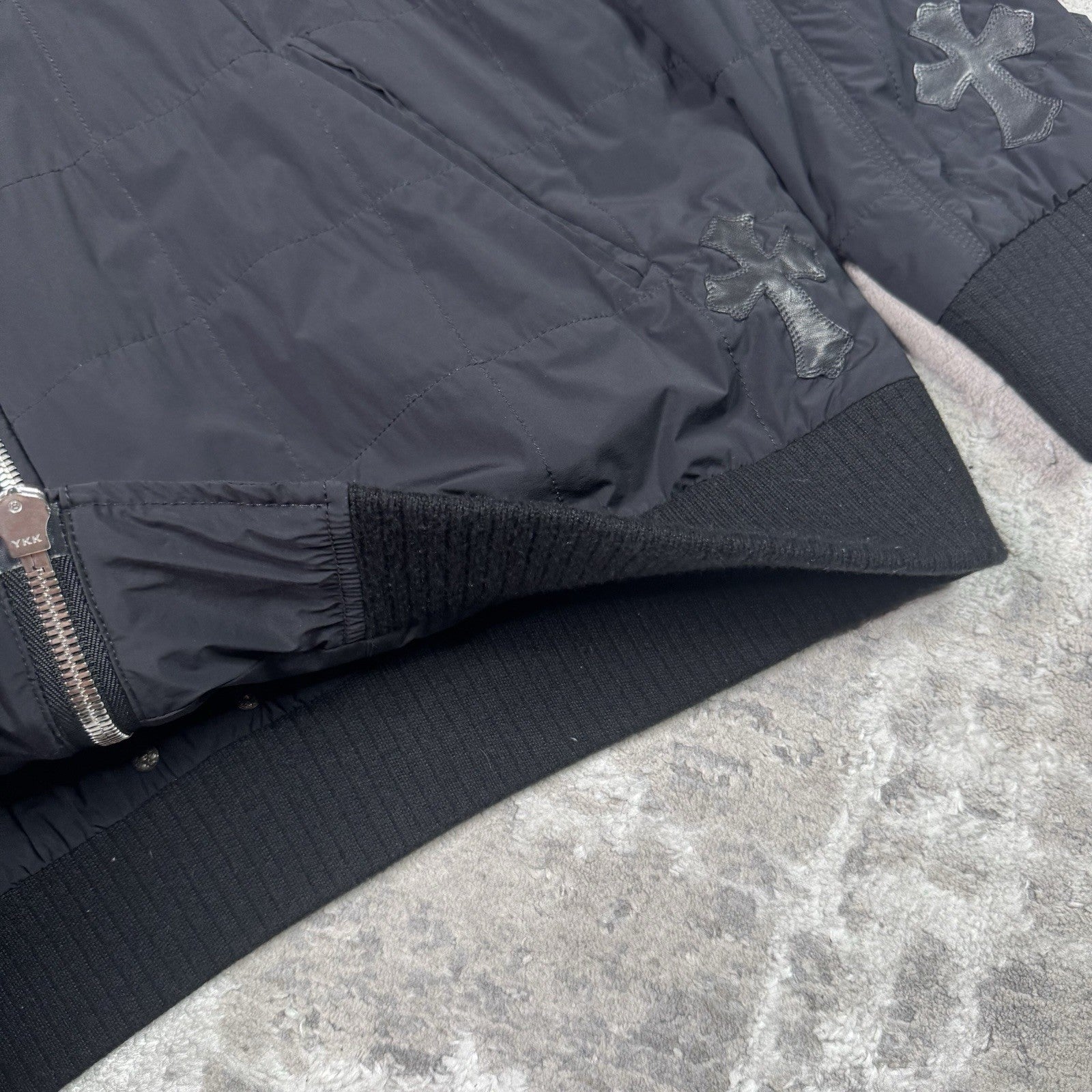 Chrome Hearts Leather Cross Patch Quilted Zip Up Hooded Bomber Jacket 