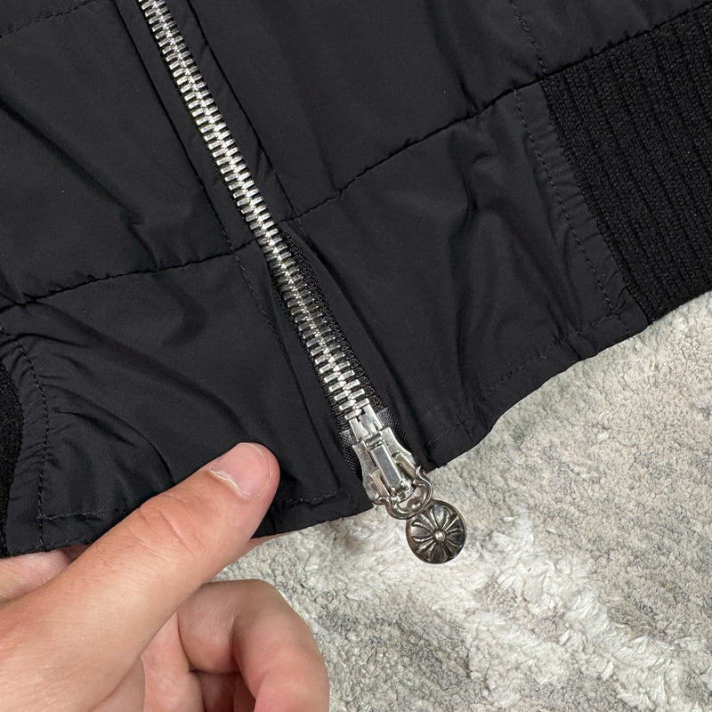 Chrome Hearts Leather Cross Patch Quilted Zip Up Hooded Bomber Jacket 