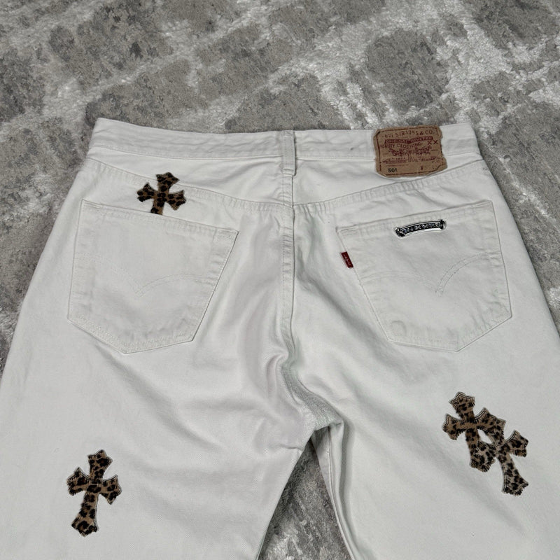 Chrome Hearts Levi 501 Cheetah Cross Patch Denim Jeans 