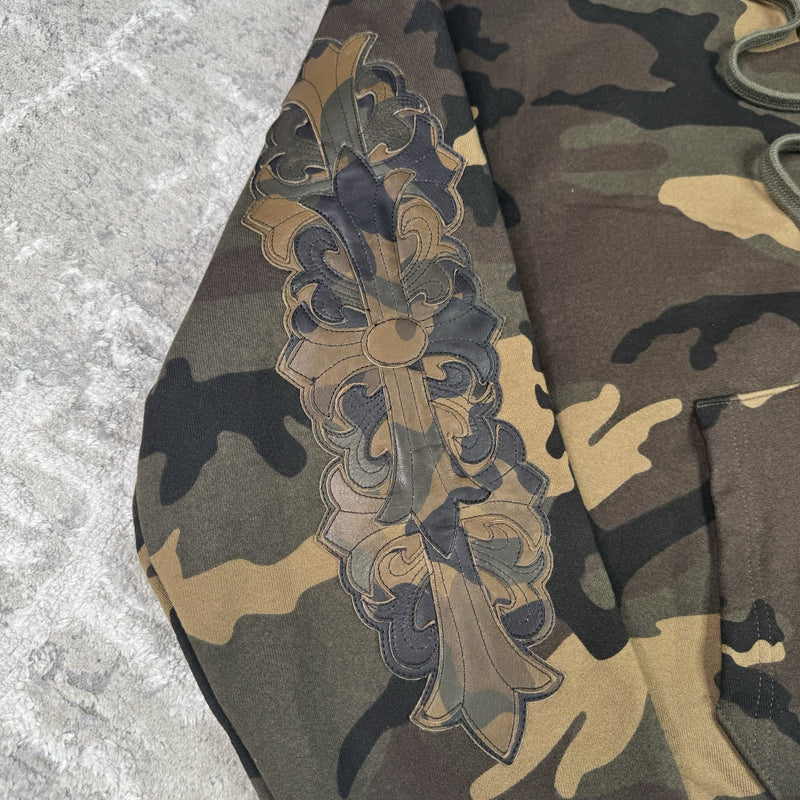 Chrome Hearts Leather Spellout Horseshoe Floral Sleeve Thermal Zip Up Hoodie 