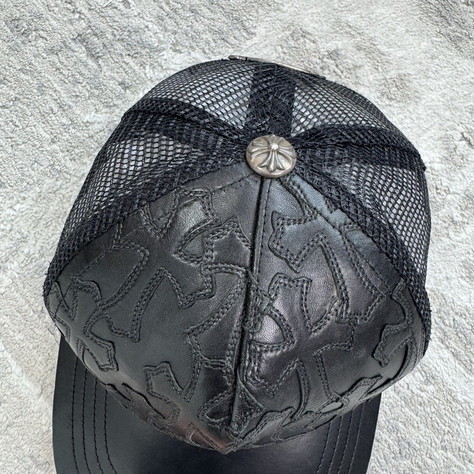 Chrome Hearts Cemetery Leather Cross Patch Trucker Hat