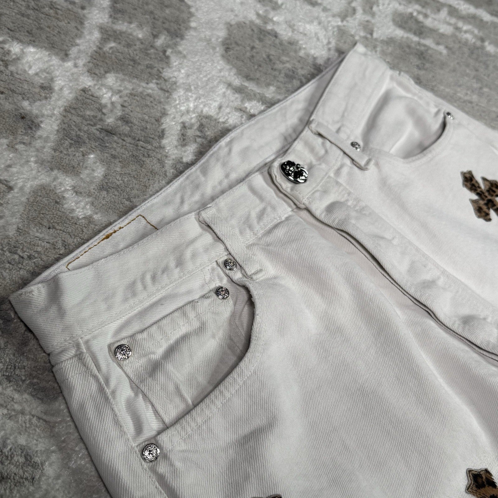 Chrome Hearts Levi 501 Cheetah Cross Patch Denim Jeans 