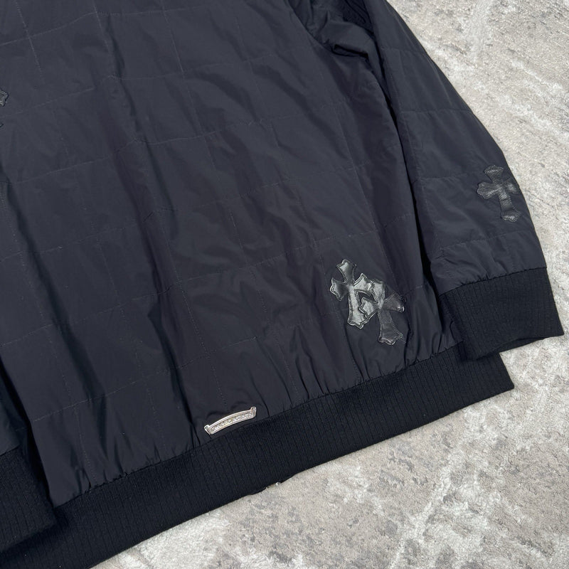 Chrome Hearts Leather Cross Patch Quilted Zip Up Hooded Bomber Jacket 