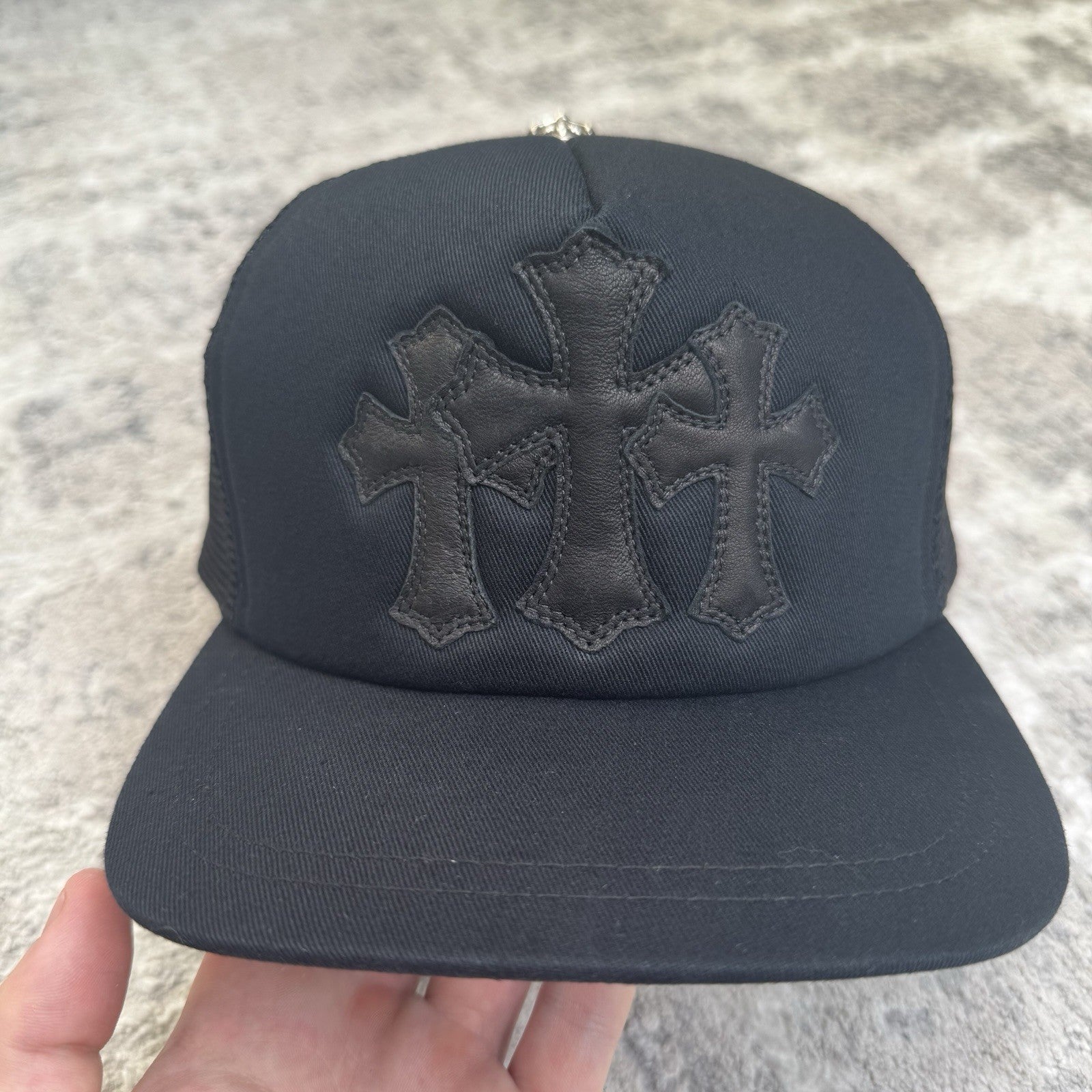 Chrome Hearts Leather Triple Cross Patch Trucker Hat 