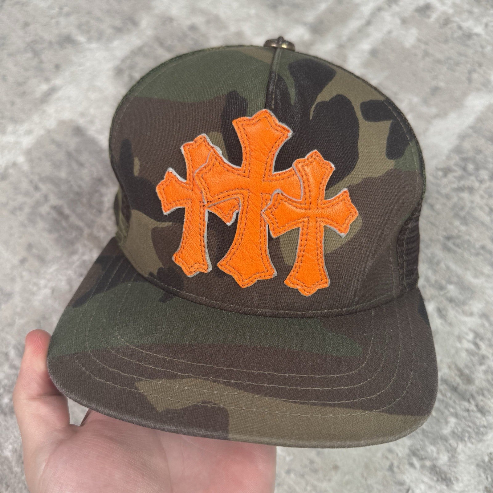 Chrome Hearts Camo Triple Cross Patch Cemetery Trucker Hat