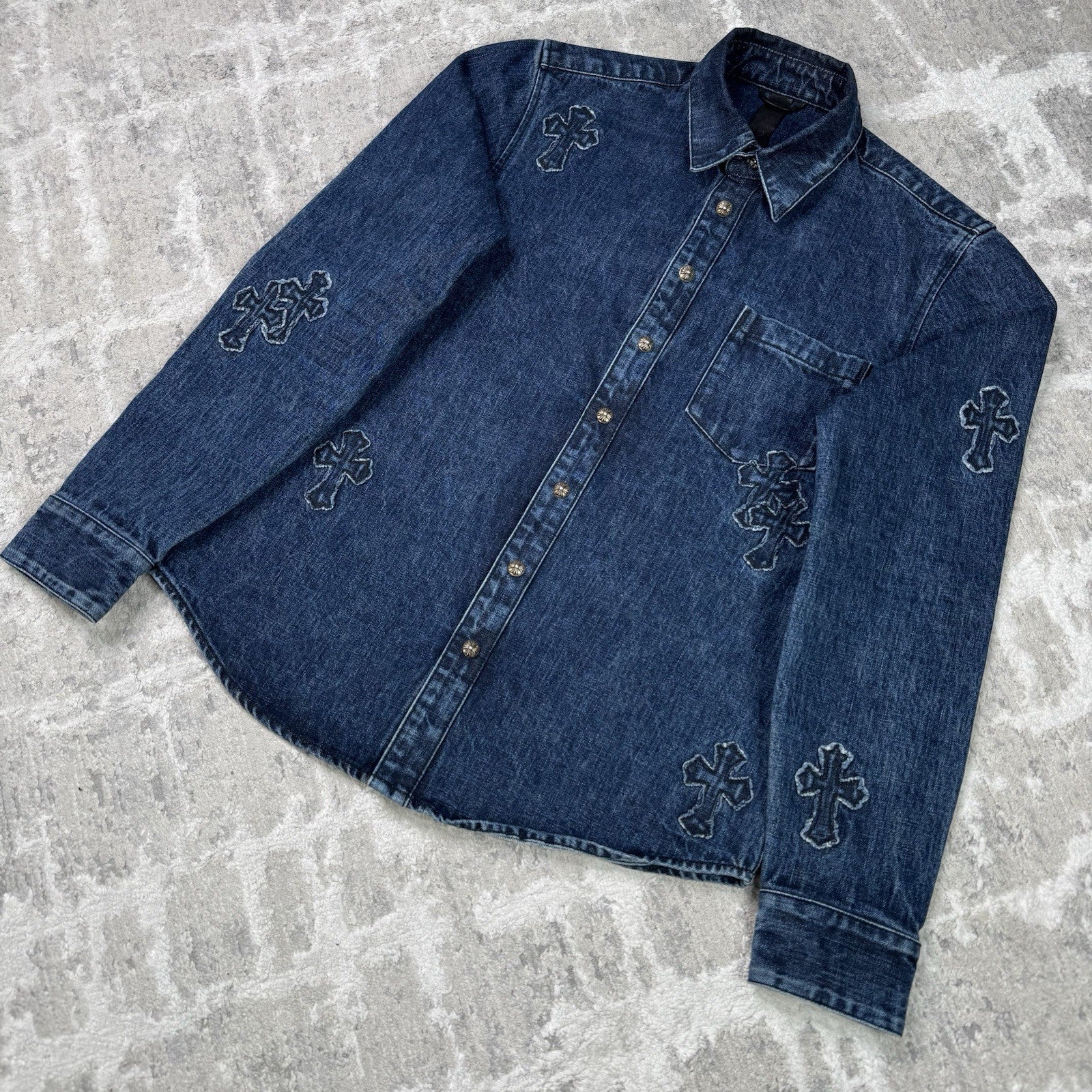 Chrome Hearts Cutout Cross Patch Denim Button Up Shirt 