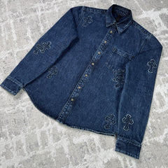 Chrome Hearts Cutout Cross Patch Denim Button Up Shirt 