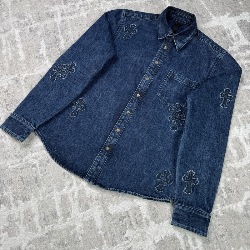 Chrome Hearts Cutout Cross Patch Denim Button Up Shirt 