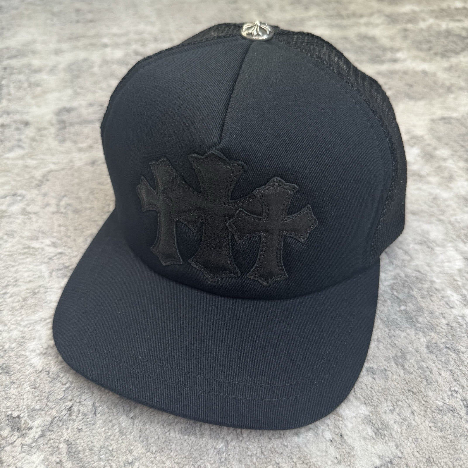Chrome Hearts Leather Triple Cross Patch Trucker Hat 