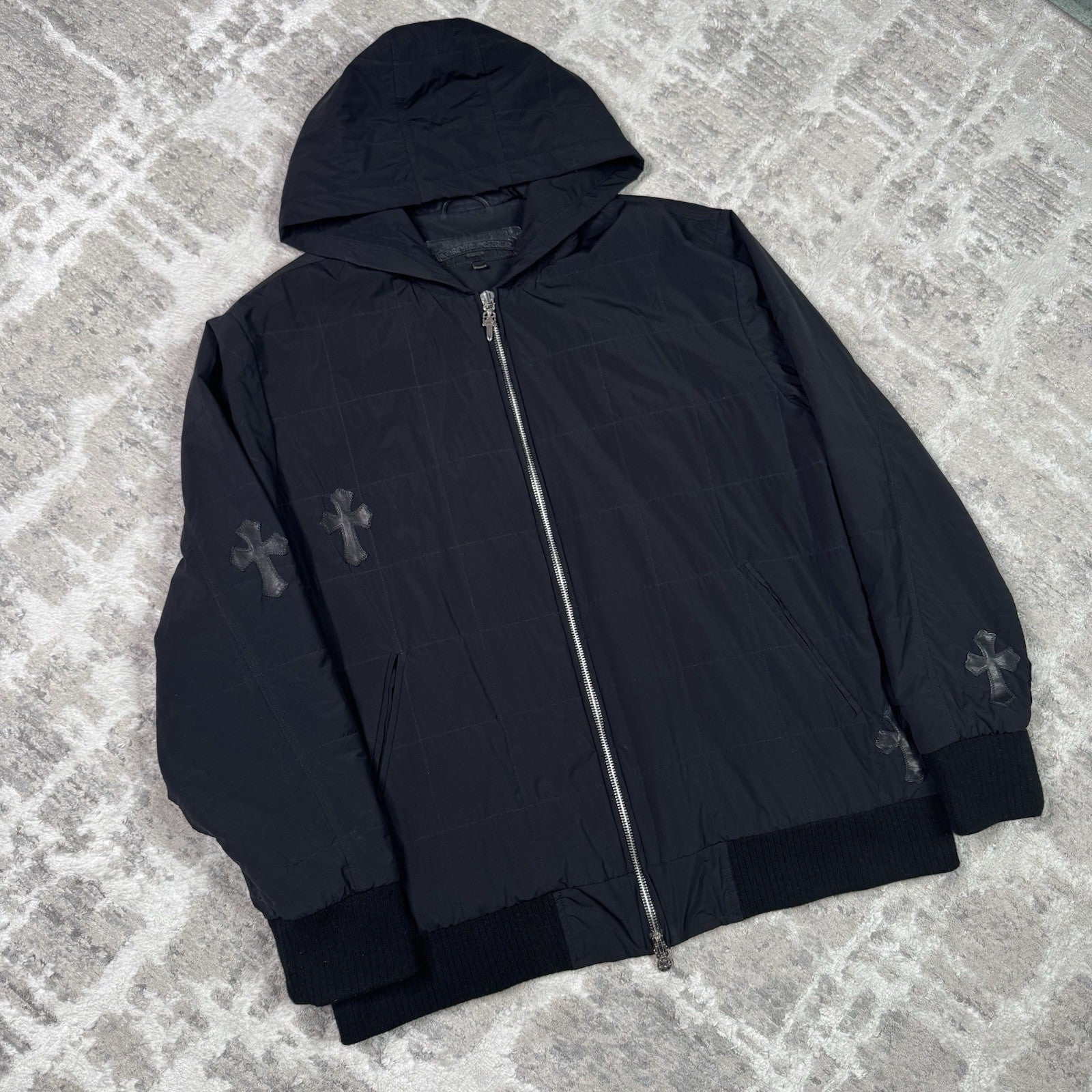 Chrome Hearts Leather Cross Patch Quilted Zip Up Hooded Bomber Jacket 