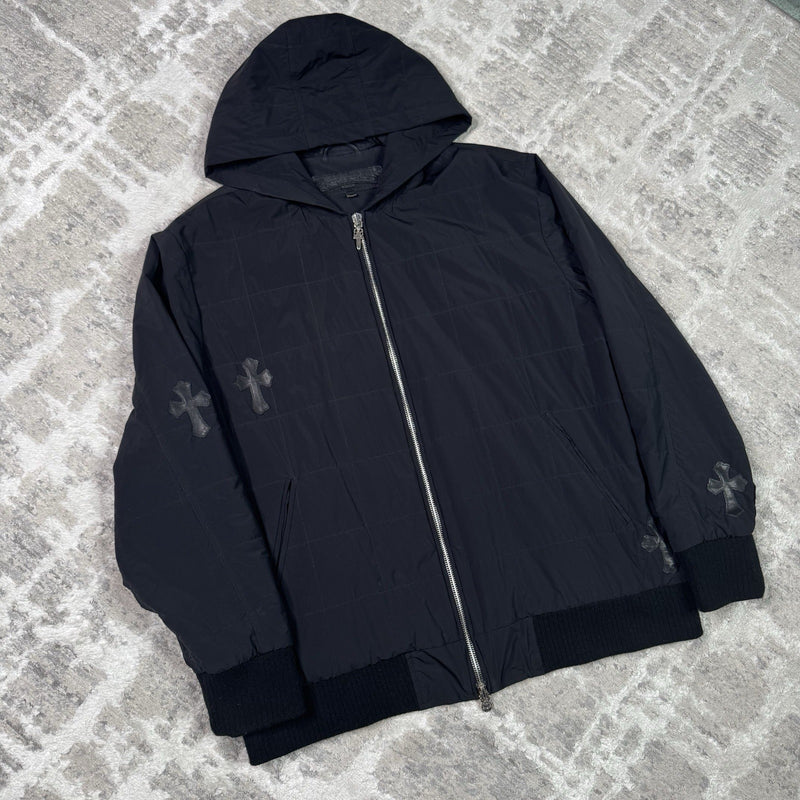 Chrome Hearts Leather Cross Patch Quilted Zip Up Hooded Bomber Jacket 