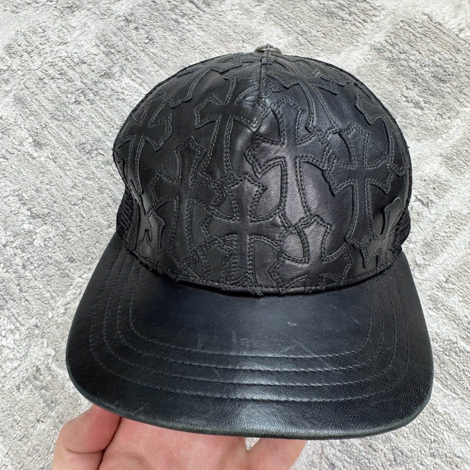 Chrome Hearts Cemetery Leather Cross Patch Trucker Hat