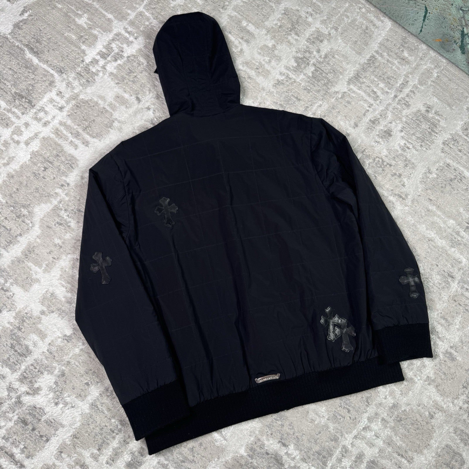 Chrome Hearts Leather Cross Patch Quilted Zip Up Hooded Bomber Jacket 