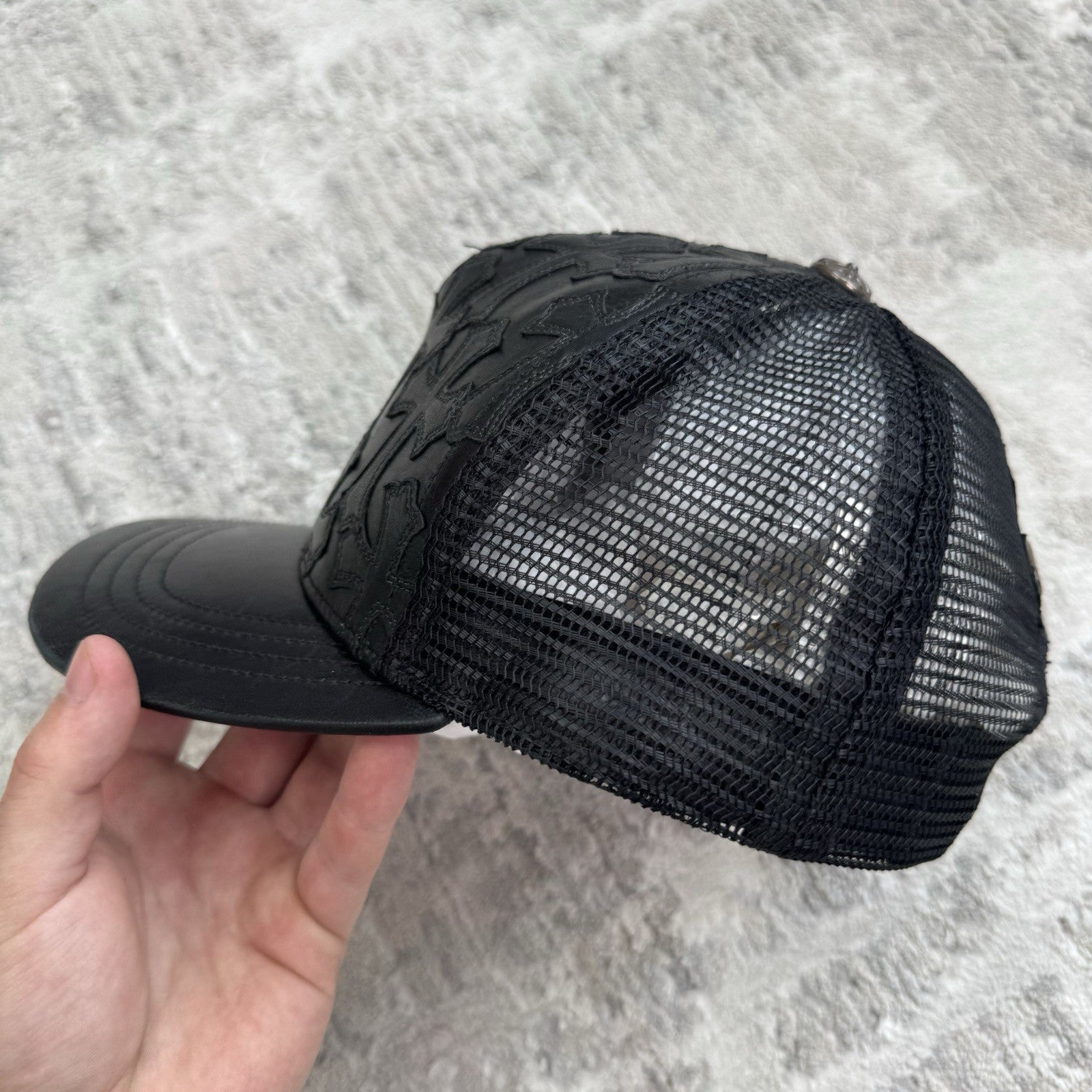 Chrome Hearts Cemetery Leather Cross Patch Trucker Hat