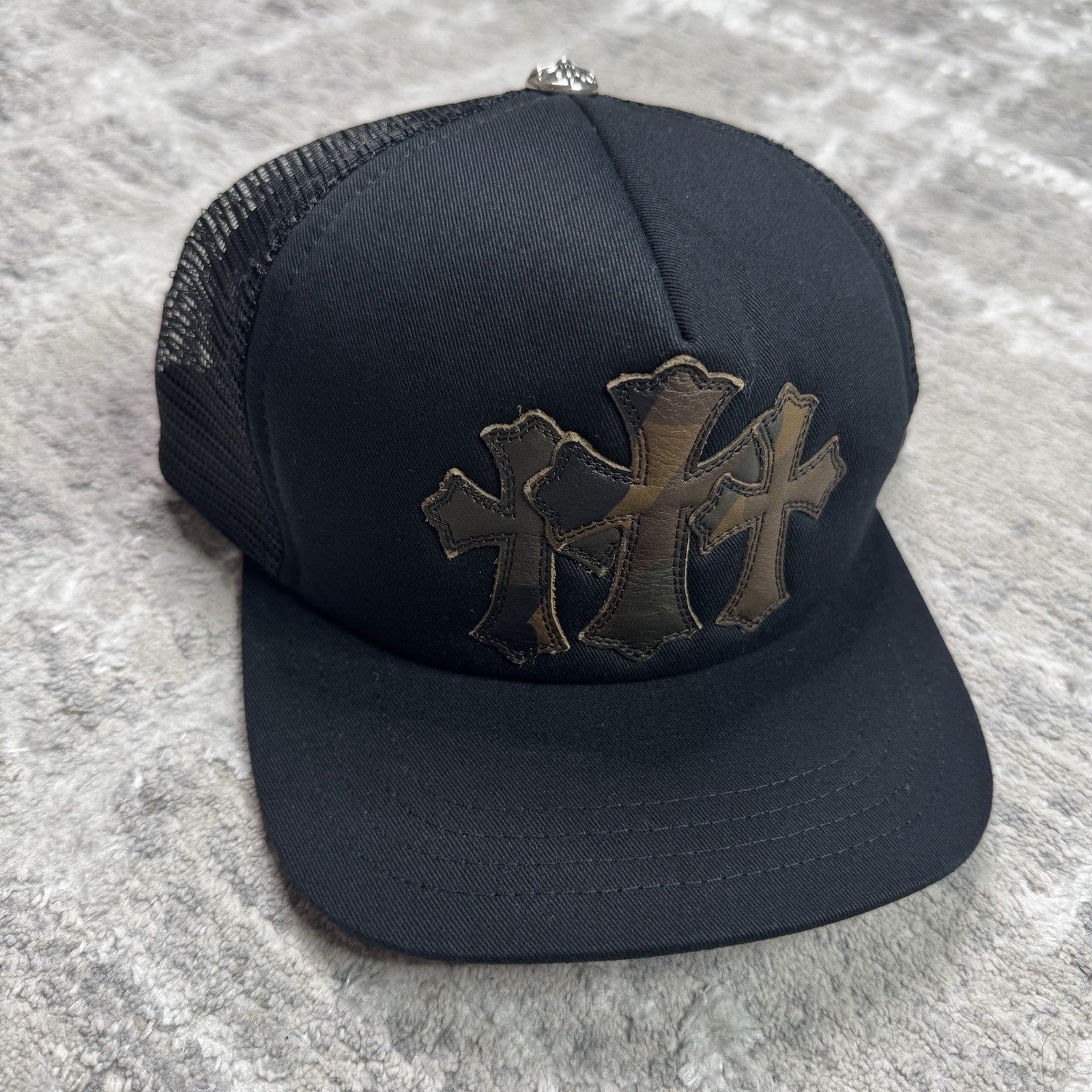 Chrome Hearts Camo Leather Triple Cross Trucker Hat