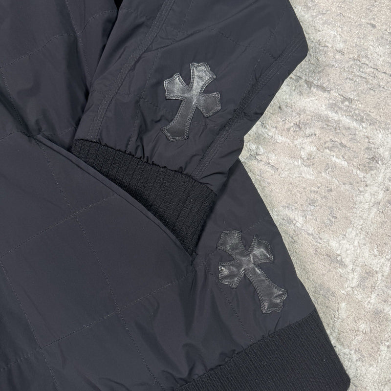 Chrome Hearts Leather Cross Patch Quilted Zip Up Hooded Bomber Jacket 