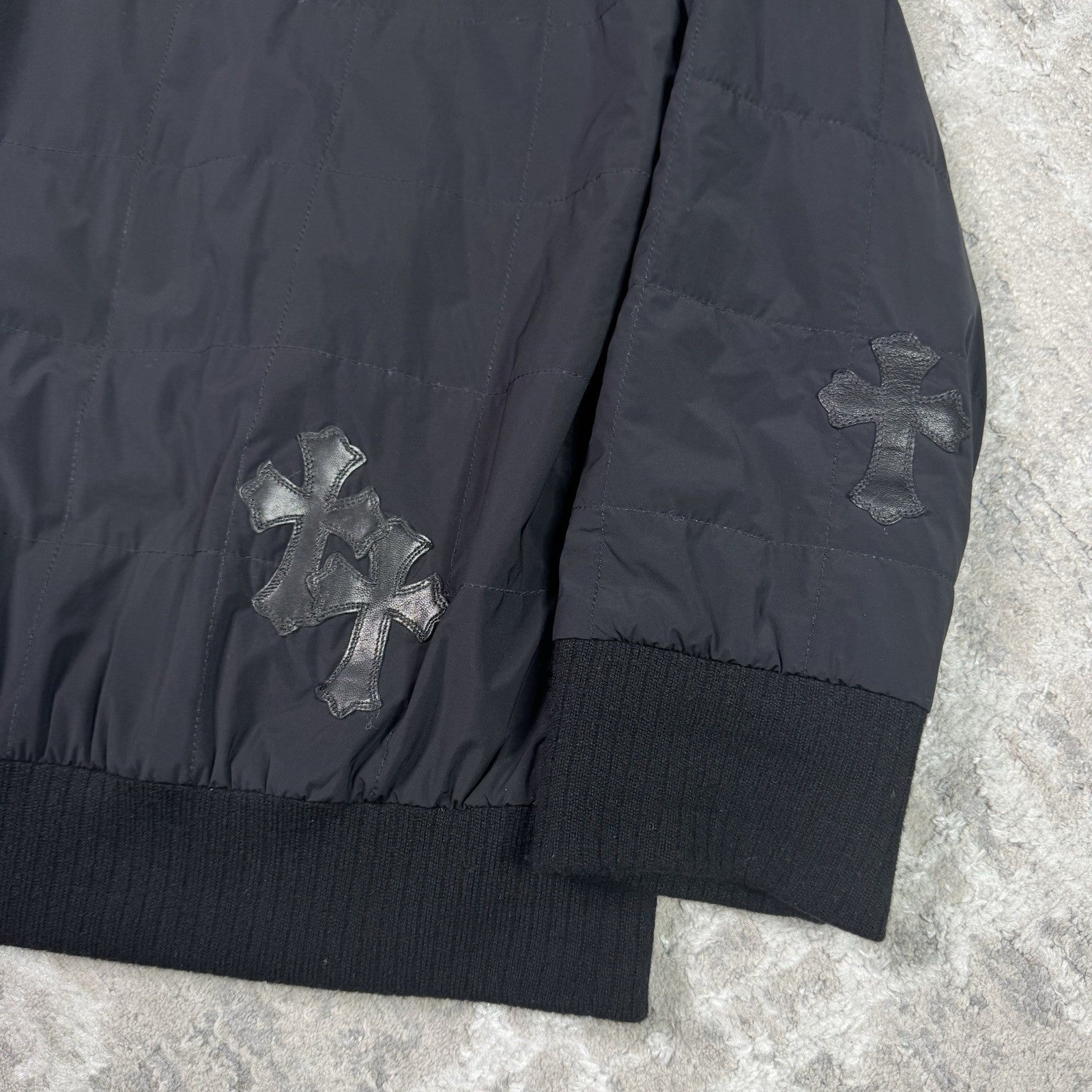 Chrome Hearts Leather Cross Patch Quilted Zip Up Hooded Bomber Jacket 