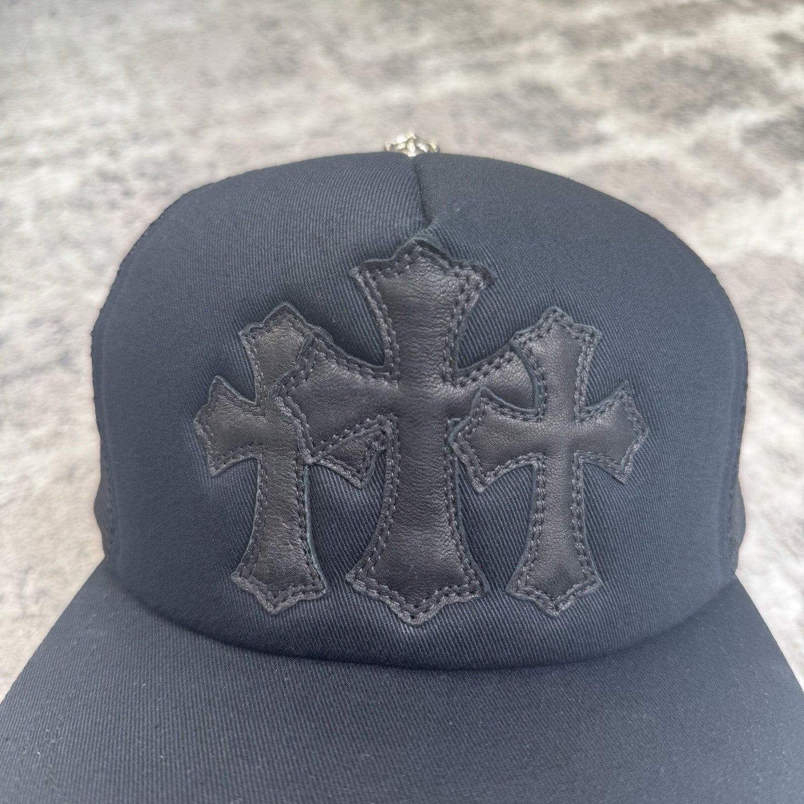Chrome Hearts Leather Triple Cross Patch Trucker Hat 