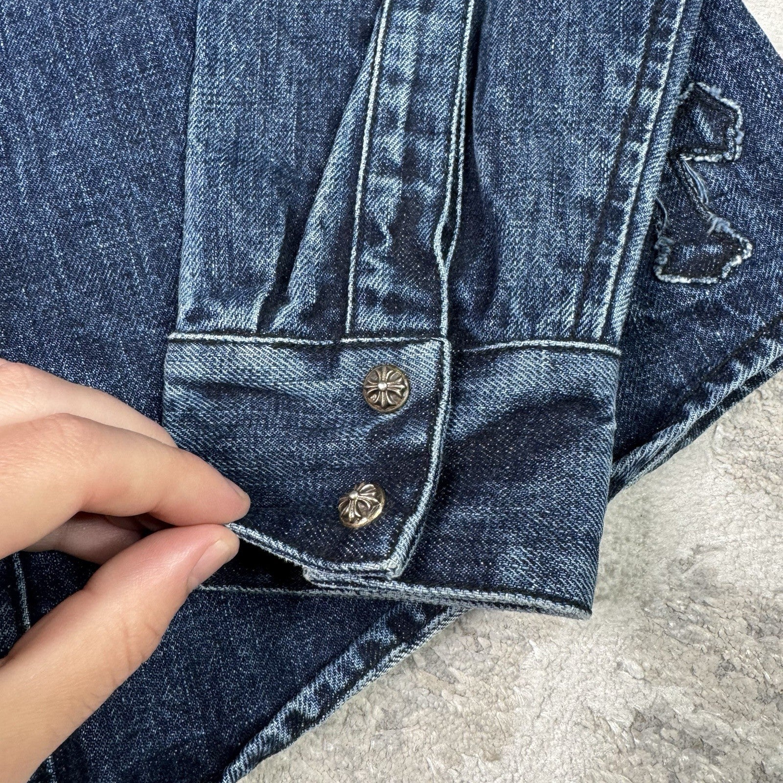 Chrome Hearts Cutout Cross Patch Denim Button Up Shirt 