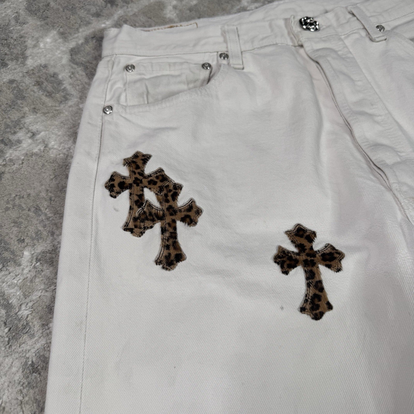 Chrome Hearts Levi 501 Cheetah Cross Patch Denim Jeans 