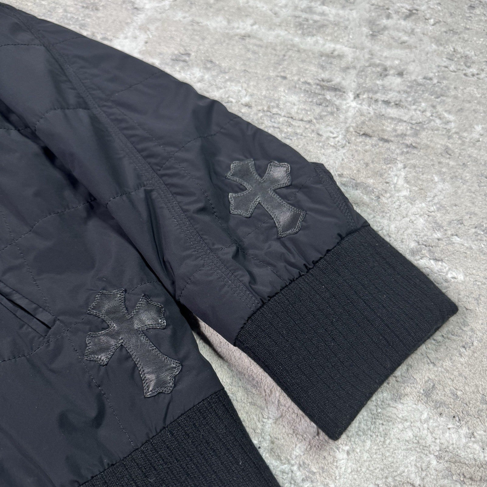 Chrome Hearts Leather Cross Patch Quilted Zip Up Hooded Bomber Jacket 