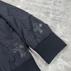 Chrome Hearts Leather Cross Patch Quilted Zip Up Hooded Bomber Jacket 