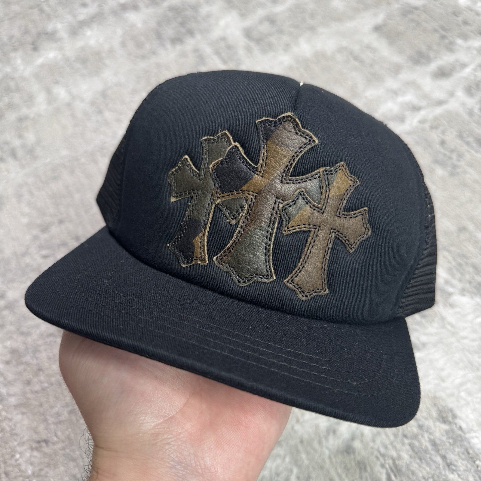 Chrome Hearts Camo Leather Triple Cross Trucker Hat