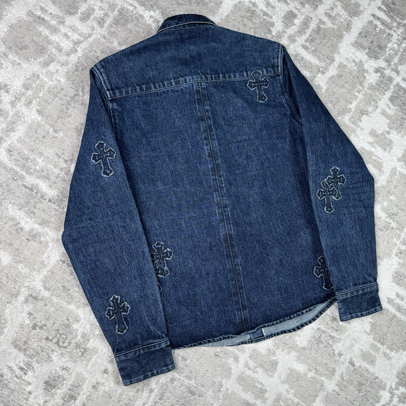 Chrome Hearts Cutout Cross Patch Denim Button Up Shirt 