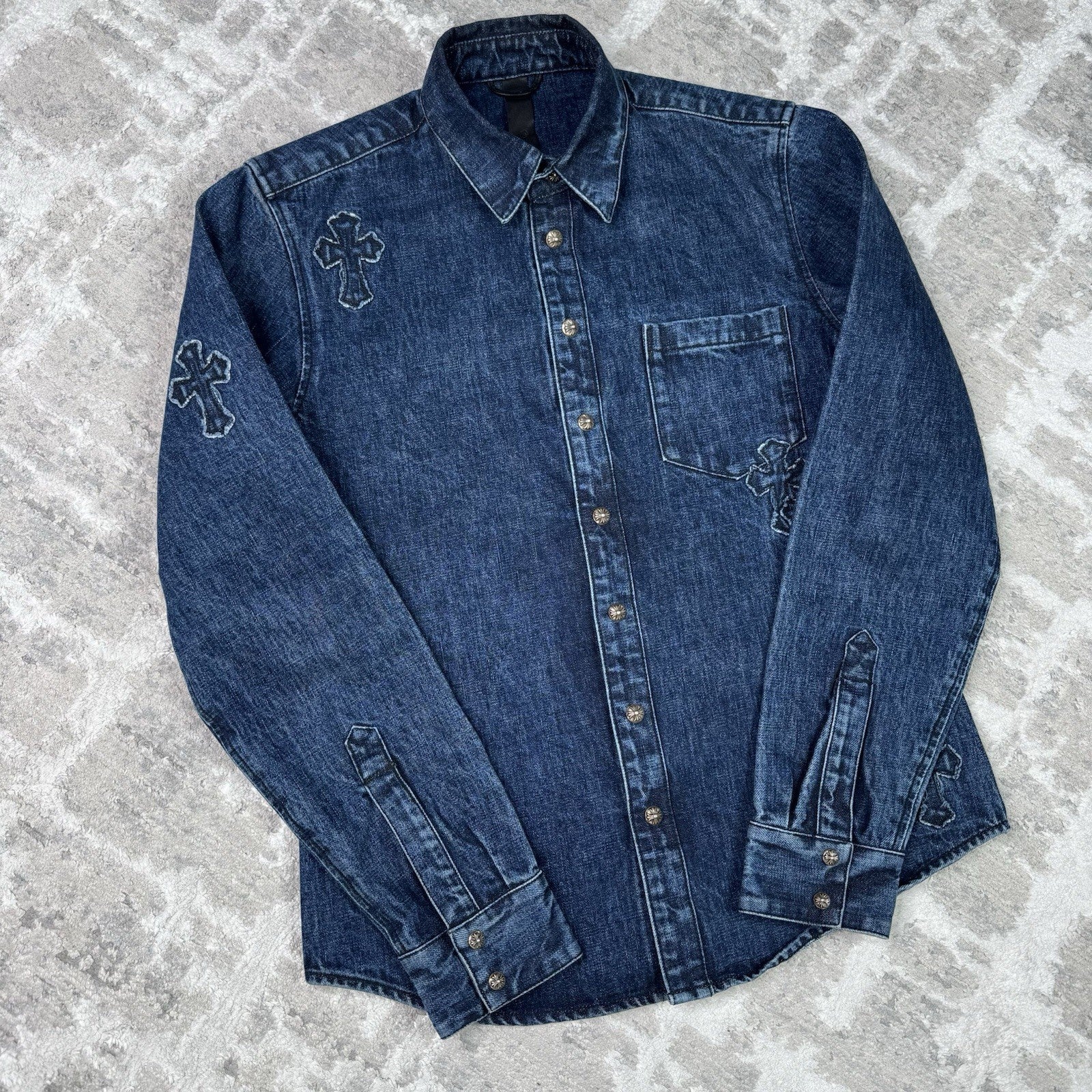 Chrome Hearts Cutout Cross Patch Denim Button Up Shirt 