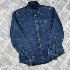 Chrome Hearts Cutout Cross Patch Denim Button Up Shirt 