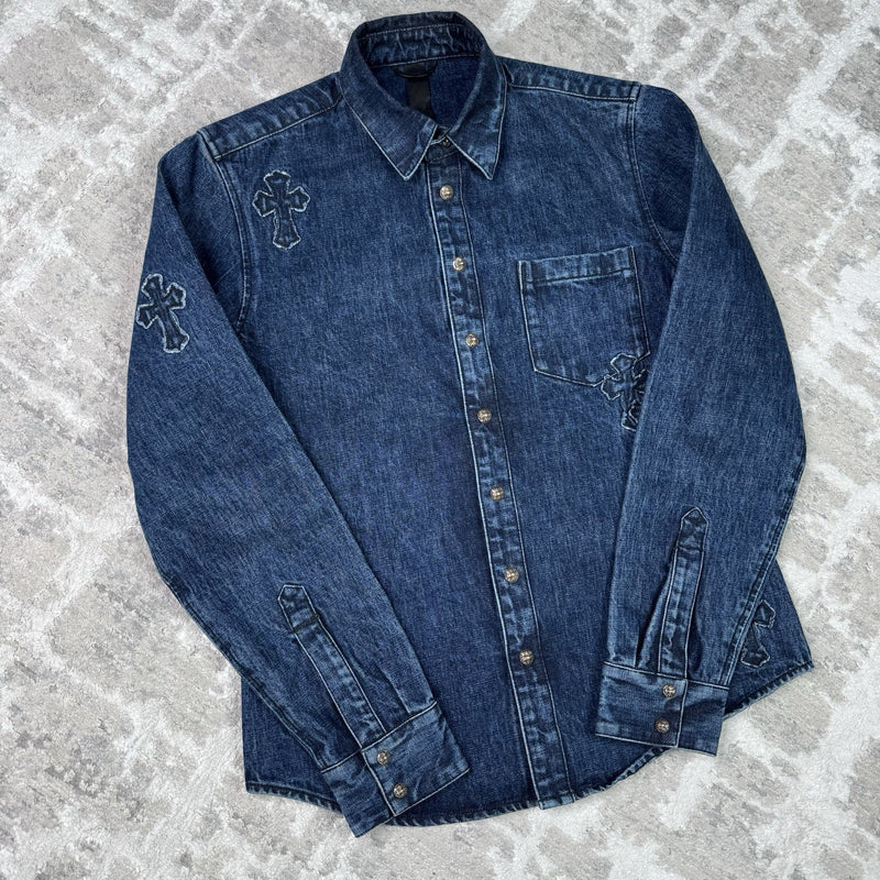 Chrome Hearts Cutout Cross Patch Denim Button Up Shirt 