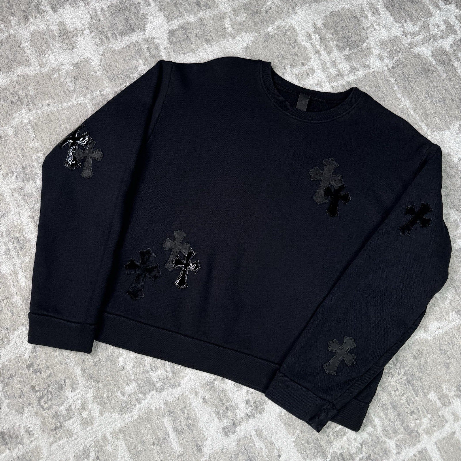 Chrome Hearts Leather Multi Cross Patch Pullover Crewneck Sweatshirt 