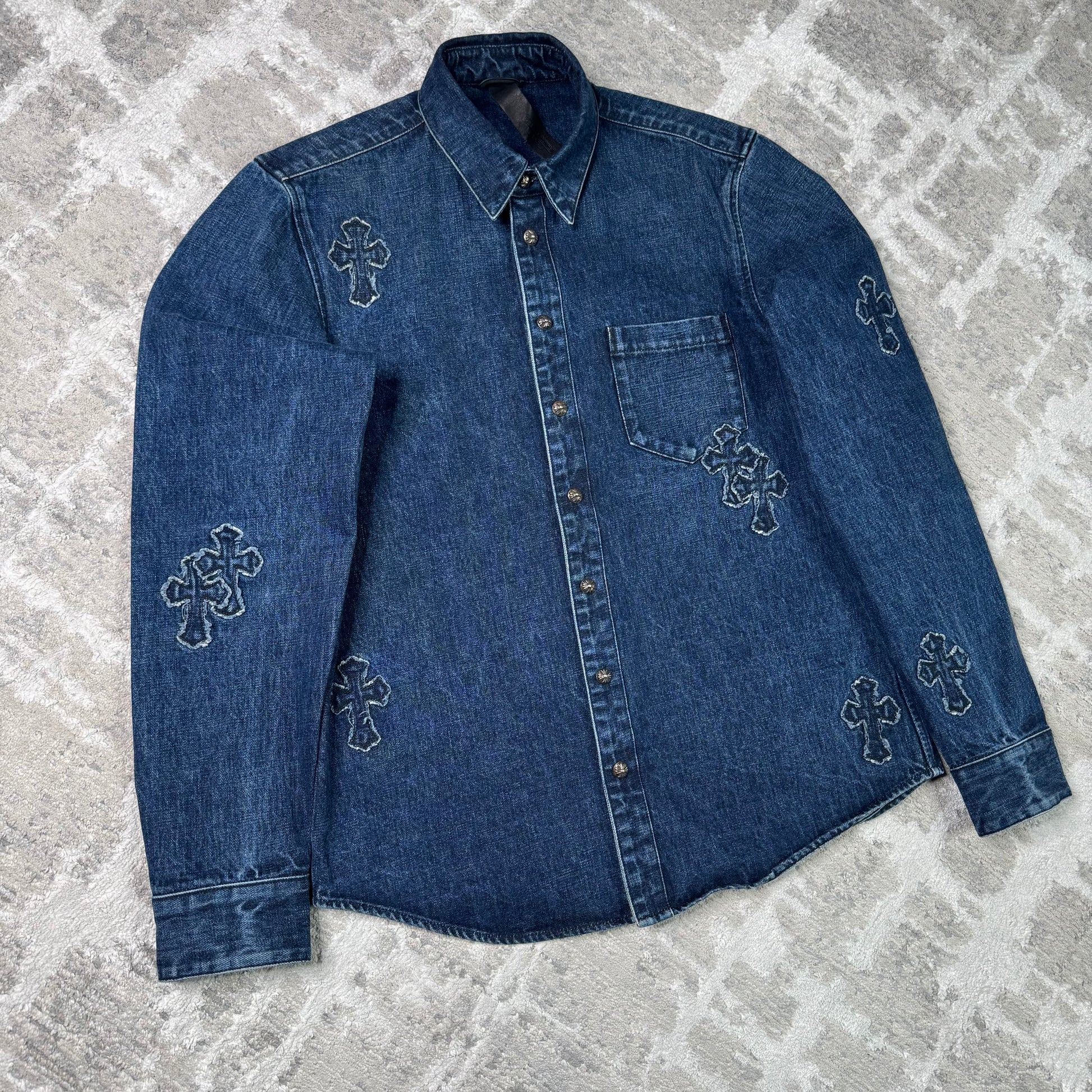 Chrome hearts cutout cross patch denim button up shirt - Million Dollar Streetwear