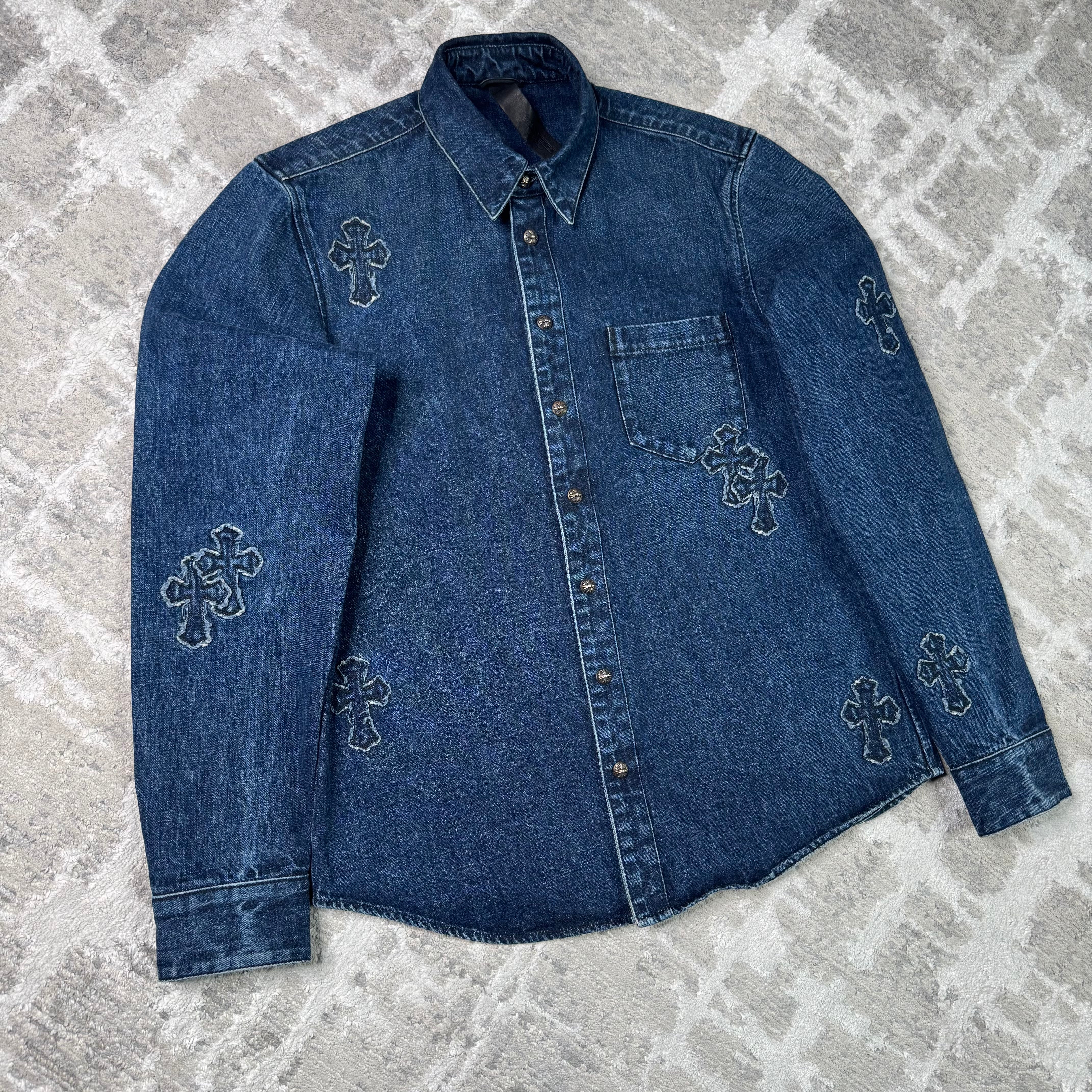 Chrome hearts cutout cross patch denim button up shirt - Million Dollar Streetwear