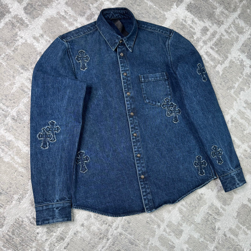 Chrome hearts cutout cross patch denim button up shirt - Million Dollar Streetwear