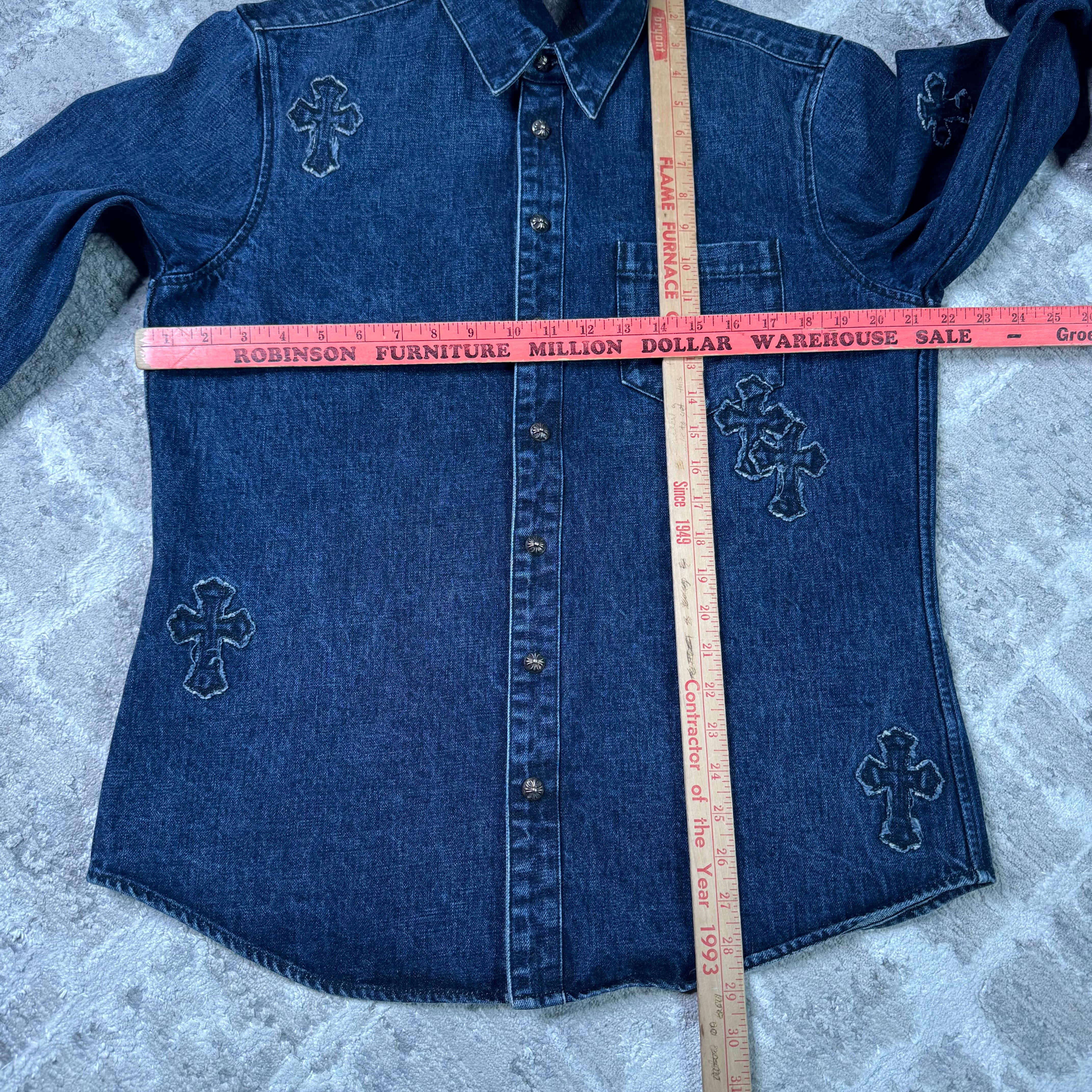 Chrome hearts cutout cross patch denim button up shirt - Million Dollar Streetwear