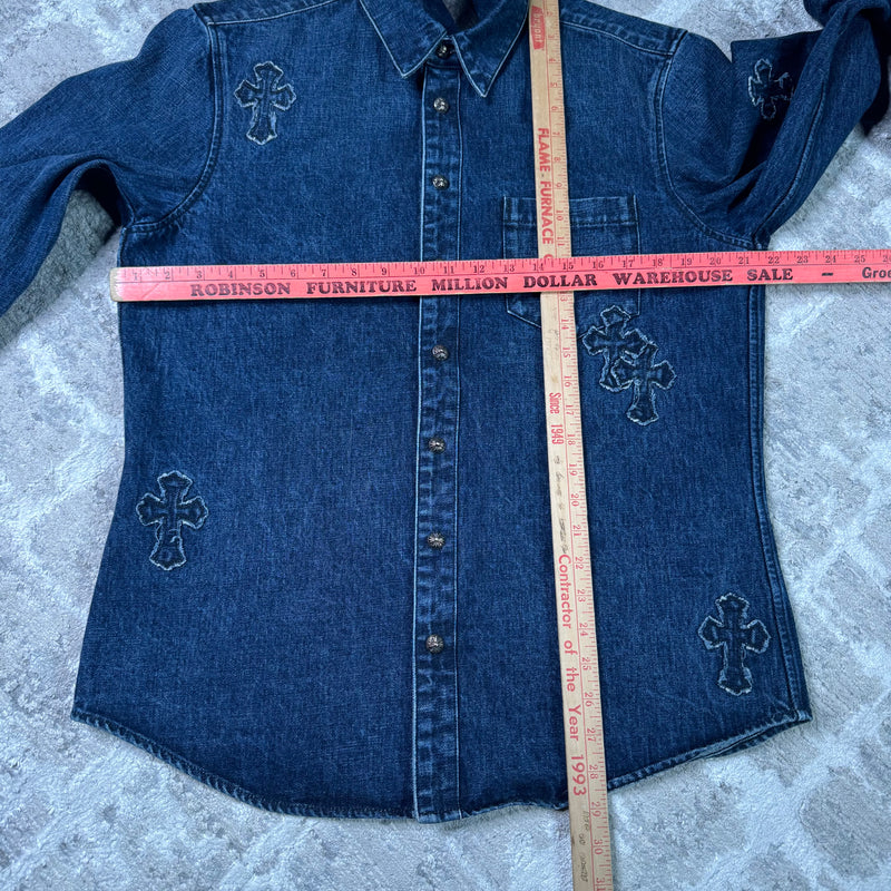 Chrome hearts cutout cross patch denim button up shirt - Million Dollar Streetwear