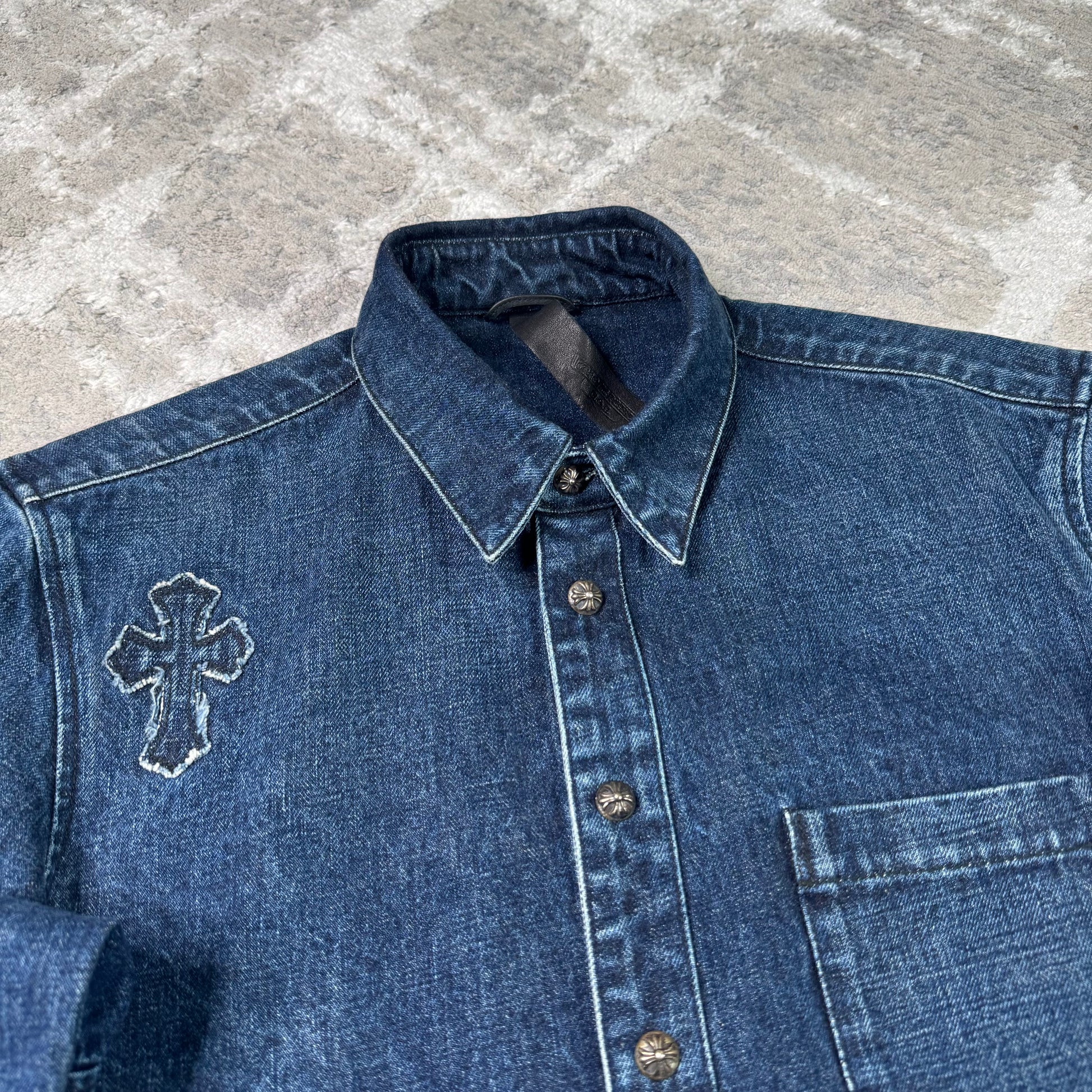 Chrome hearts cutout cross patch denim button up shirt - Million Dollar Streetwear