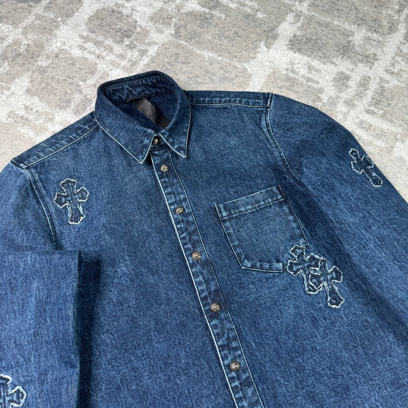 Chrome hearts cutout cross patch denim button up shirt - Million Dollar Streetwear