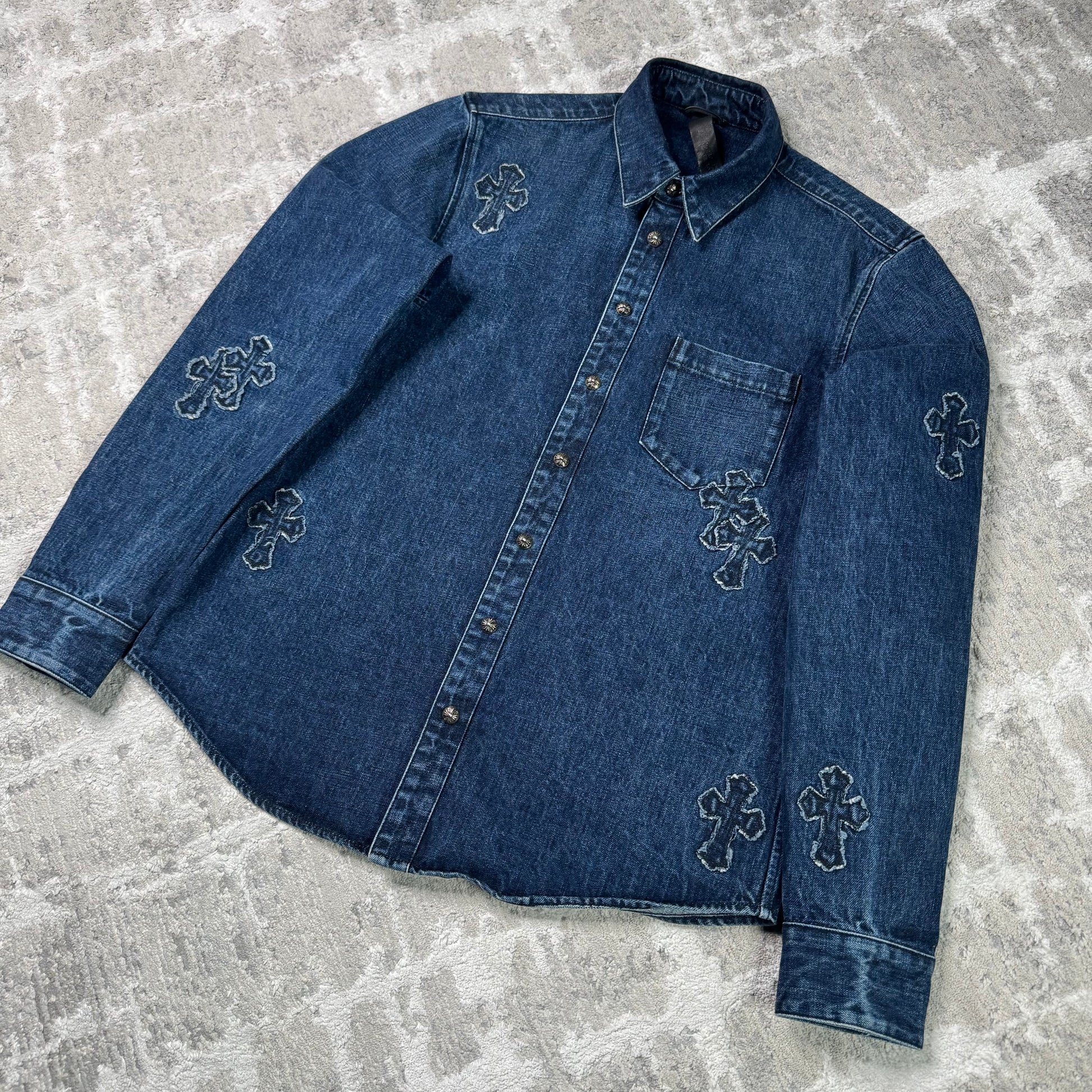 Chrome hearts cutout cross patch denim button up shirt - Million Dollar Streetwear