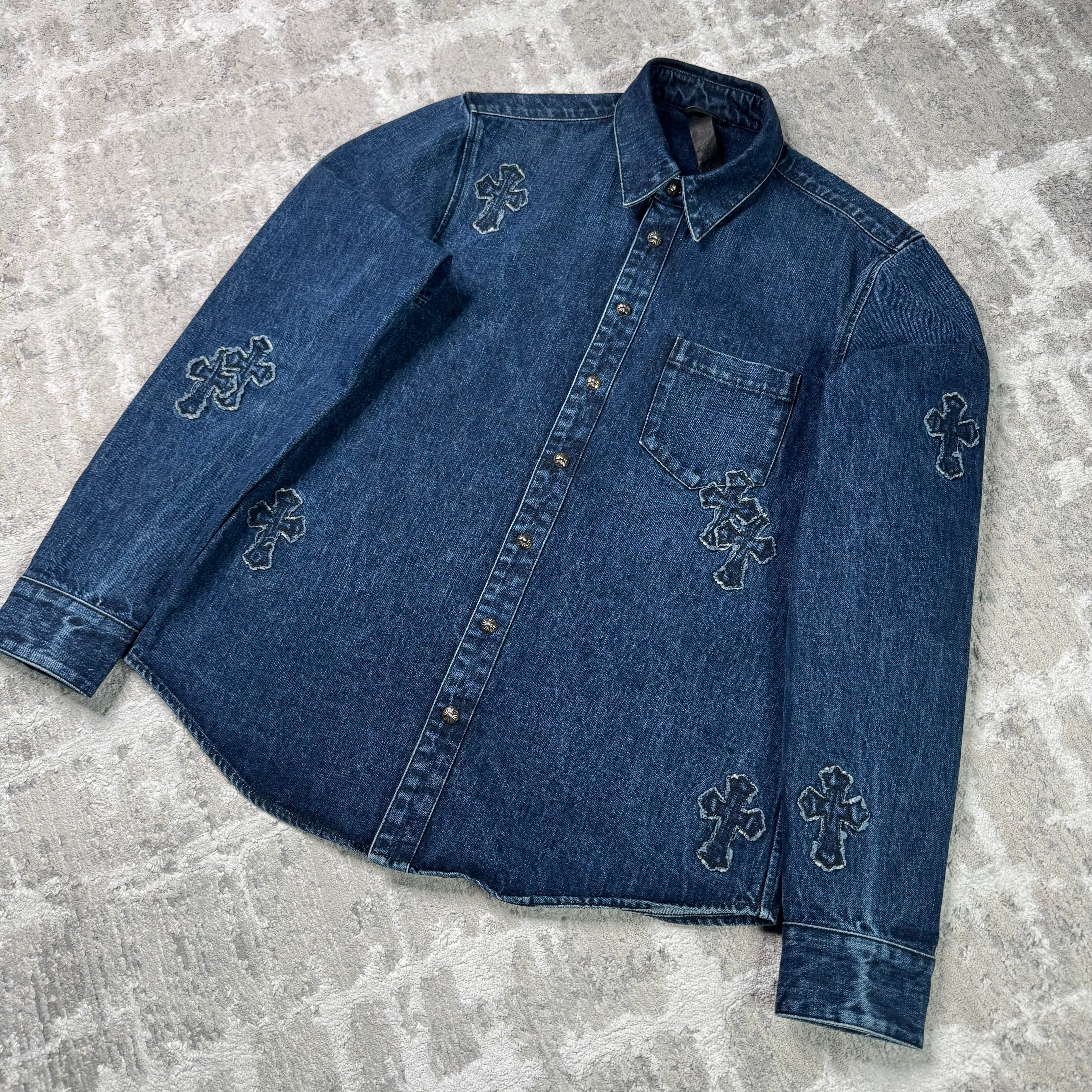 Chrome hearts cutout cross patch denim button up shirt - Million Dollar Streetwear