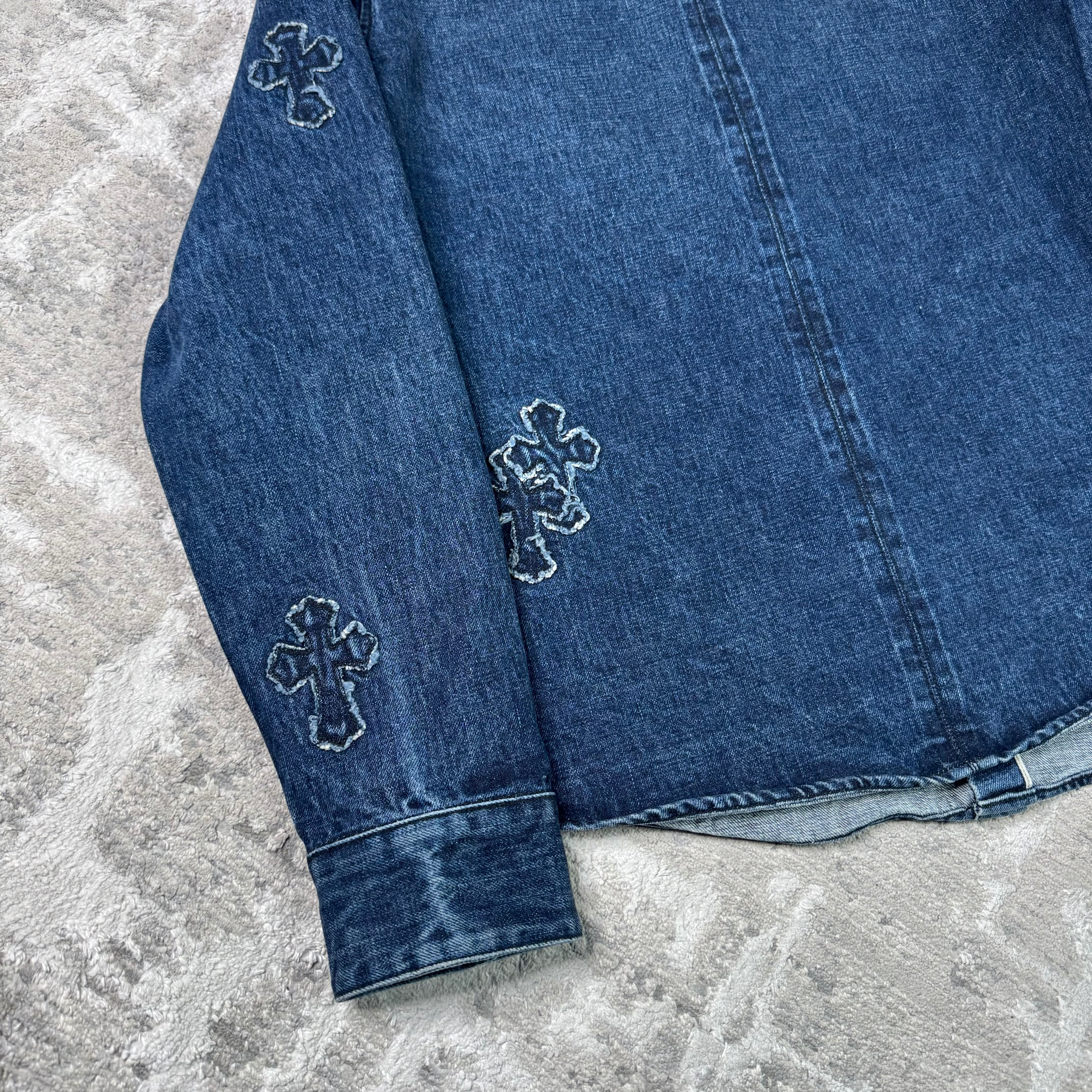 Chrome hearts cutout cross patch denim button up shirt - Million Dollar Streetwear
